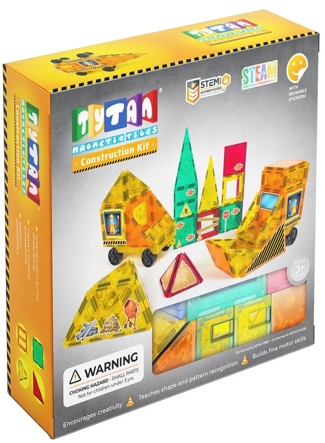 Tytan Tiles Construction Site & Trucks 60-Piece Magnetic Tiles Building Set, Fun Kids’ STEM Toy, Creative Play, Shape & Pattern Recognition, Fine Motor Skills, Includes Storage Bag, Ages 3 and Up - Image 1